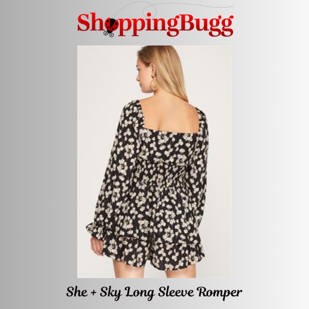 She + Sky Black Long Sleeve Woven Print Smocked Romper ~ NWT! (SB1377)